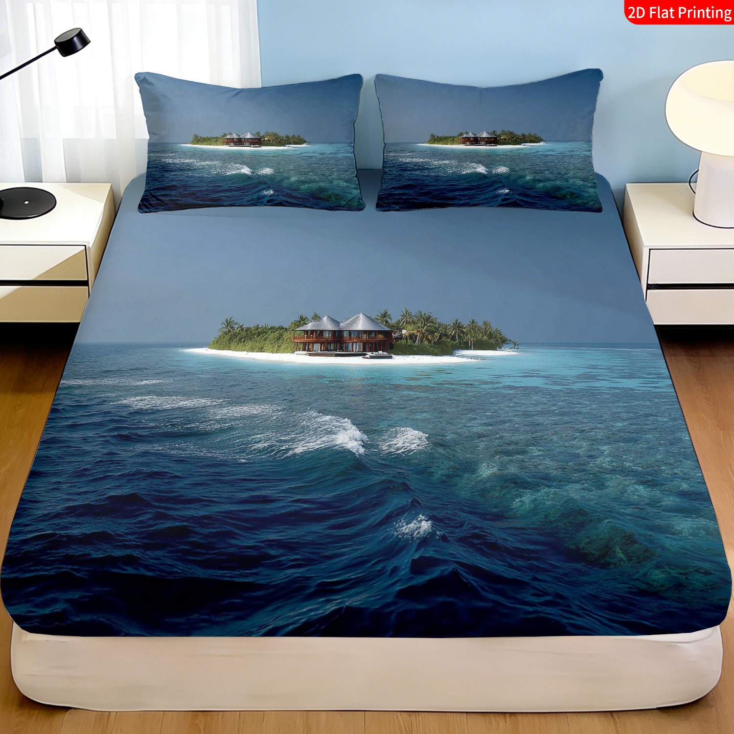 Fitted Bed Sheets Deep Pocket - トロピカルアイランド寝具セット ヤシの木と水上小屋プリントのベッドシーツと枕カバー ブルーとホワイトの3ピース寝具セット（フィットシーツ1枚+枕カバー2枚） 3ピースセット、深いポケット付き2Dプリントフィットシーツと枕カバー2枚、マットレスプロテクター、フィット感のある伸縮性のあるスタイル、保護カバー、マットレスプロテクター、オールシーズン対応、洗濯機で洗えるデザイン、ホリデーデコレーション、様々なサイズ、通気性のある保護カバー（