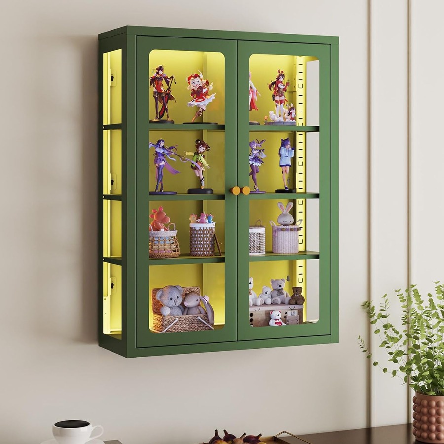 Storage & Organization - 小売店向けの金属製壁面収納キャビネット。アルミニウム合金製で、マットブラック仕上げ。RGBライトを搭載し、明るさと色を調整可能。