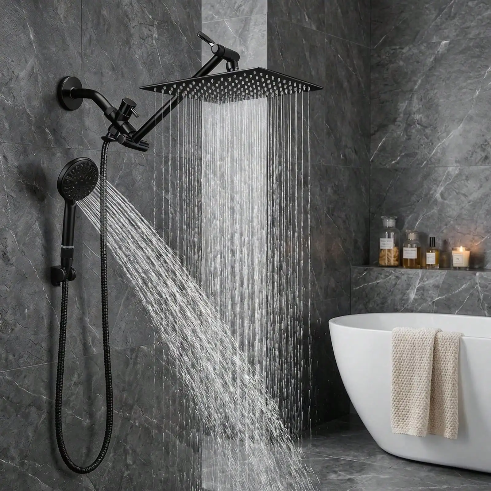 High Pressure Shower Head Handheld - ハンドシャワー付きデュアルシャワーヘッド、8インチの雨のような水流を再現するシャワーシステム、マットブラックの高水圧シャワー水栓（角度調整可能なアーム付き）、6種類の噴射モード、壁掛け式。