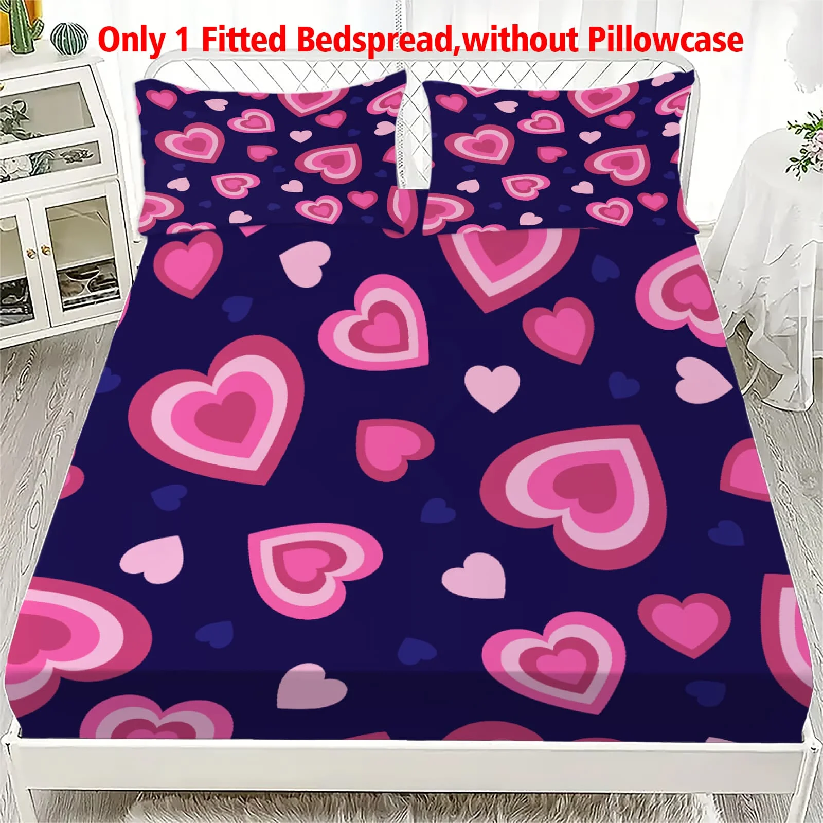 Fitted Bed Sheets Deep Pocket - 濃い青とピンクのハート柄、深めのポケット付き、伸縮性のあるシーツ。シングルまたはダブルベッド用。