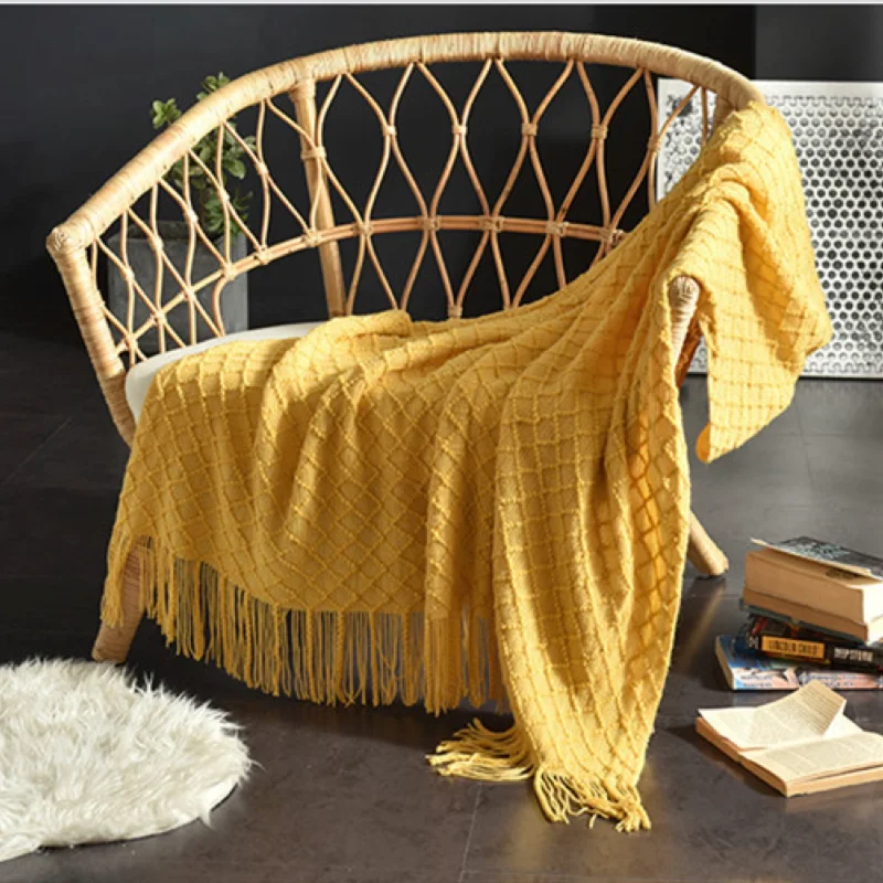 マスタードイエローのテクスチャードニットブランケット。ボヘミ - Boho Throw Blanket Fringe のレビューと価格