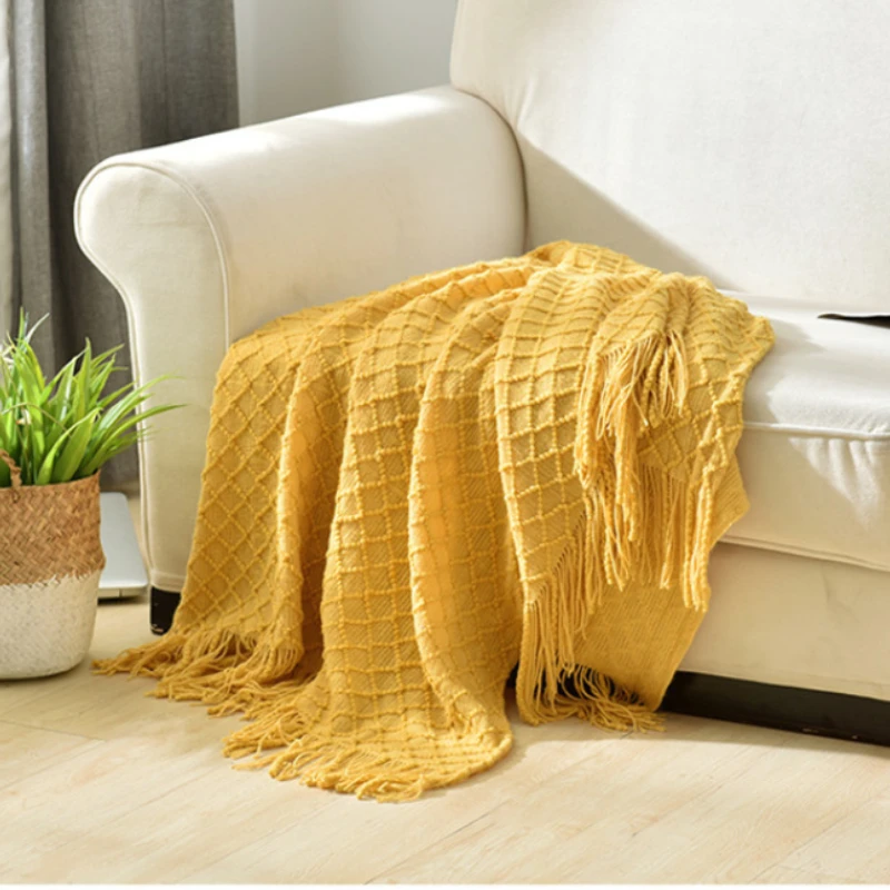 マスタードイエローのテクスチャードニットブランケット。ボヘミ - Boho Throw Blanket Fringe のレビューと価格
