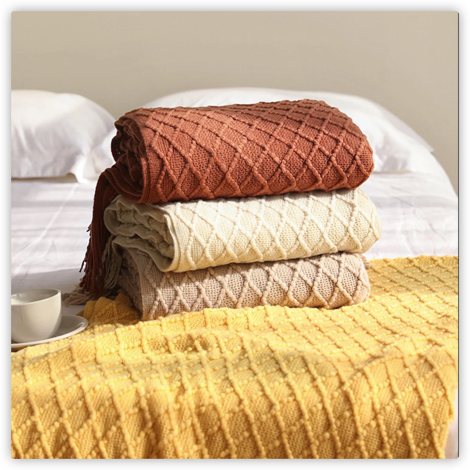 テキスタイルシティ ダイヤモンドニット柄のタッセル付きブラン - Boho Throw Blanket Fringe のレビューと価格