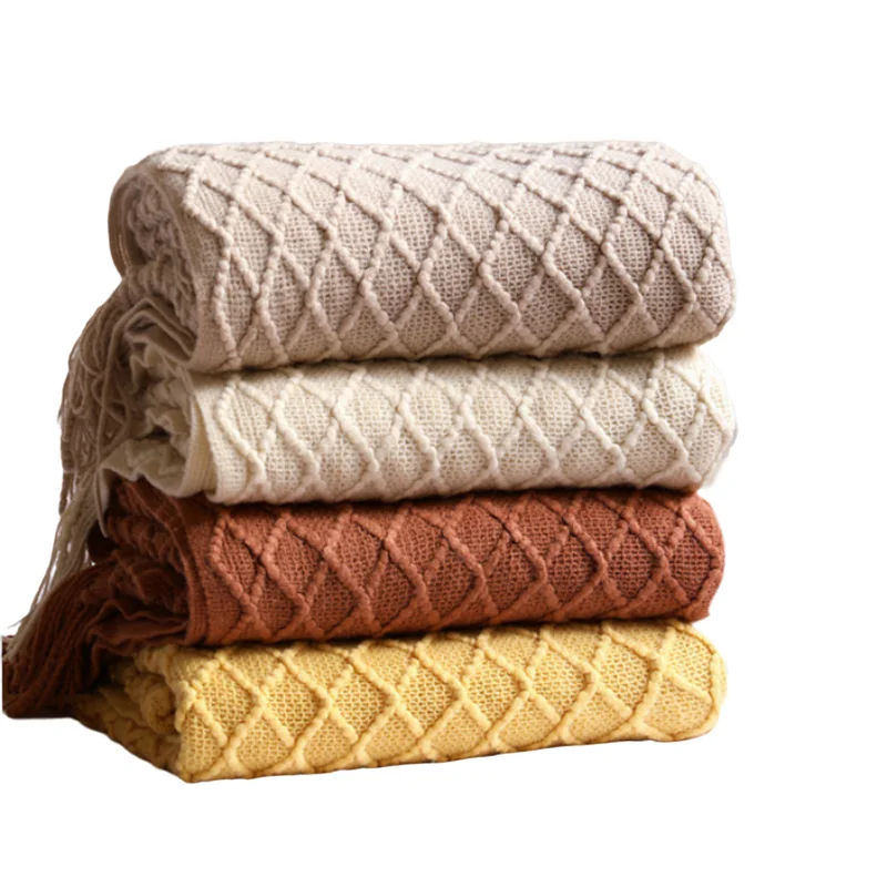 テキスタイルシティ ダイヤモンドニット柄のタッセル付きブラン - Boho Throw Blanket Fringe のレビューと価格