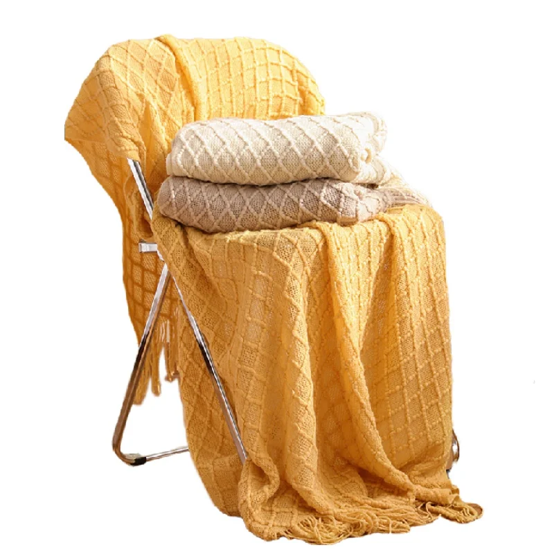 テキスタイルシティ ダイヤモンドニット柄のタッセル付きブラン - Boho Throw Blanket Fringe のレビューと価格