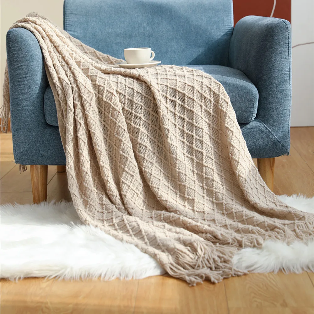 テキスタイルシティ ダイヤモンドニット柄のタッセル付きブラン - Boho Throw Blanket Fringe のレビューと価格