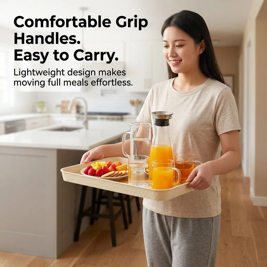 木目調のプラスチック製サービングトレイ。こぼれ防止設計で、装 - Storage & Organization のレビューと価格
