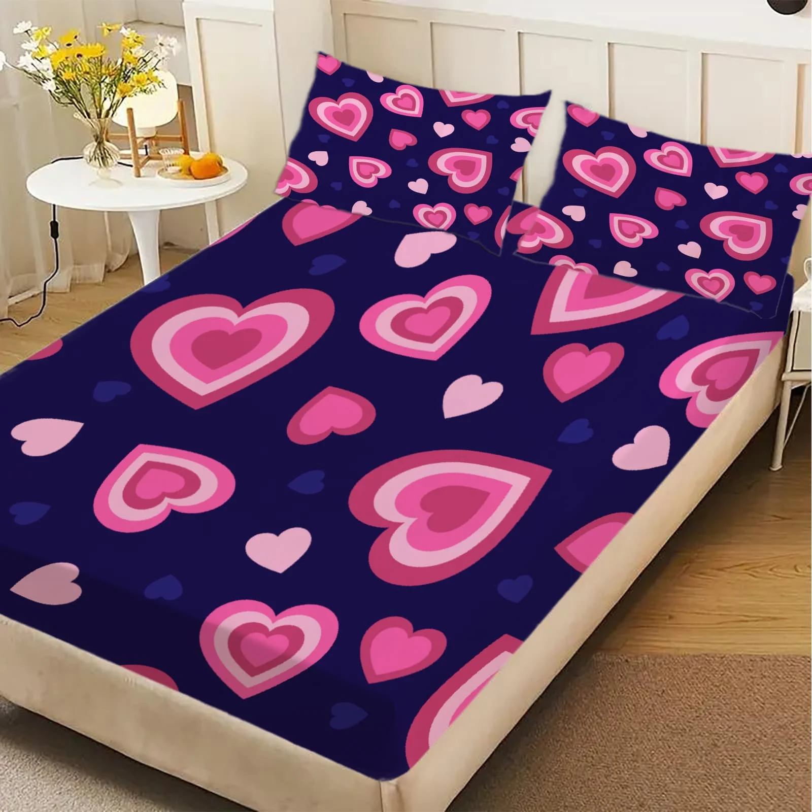 濃い青とピンクのハート柄、深めのポケット付き、伸縮性のあるシ - Fitted Bed Sheets Deep Pocket のレビューと価格